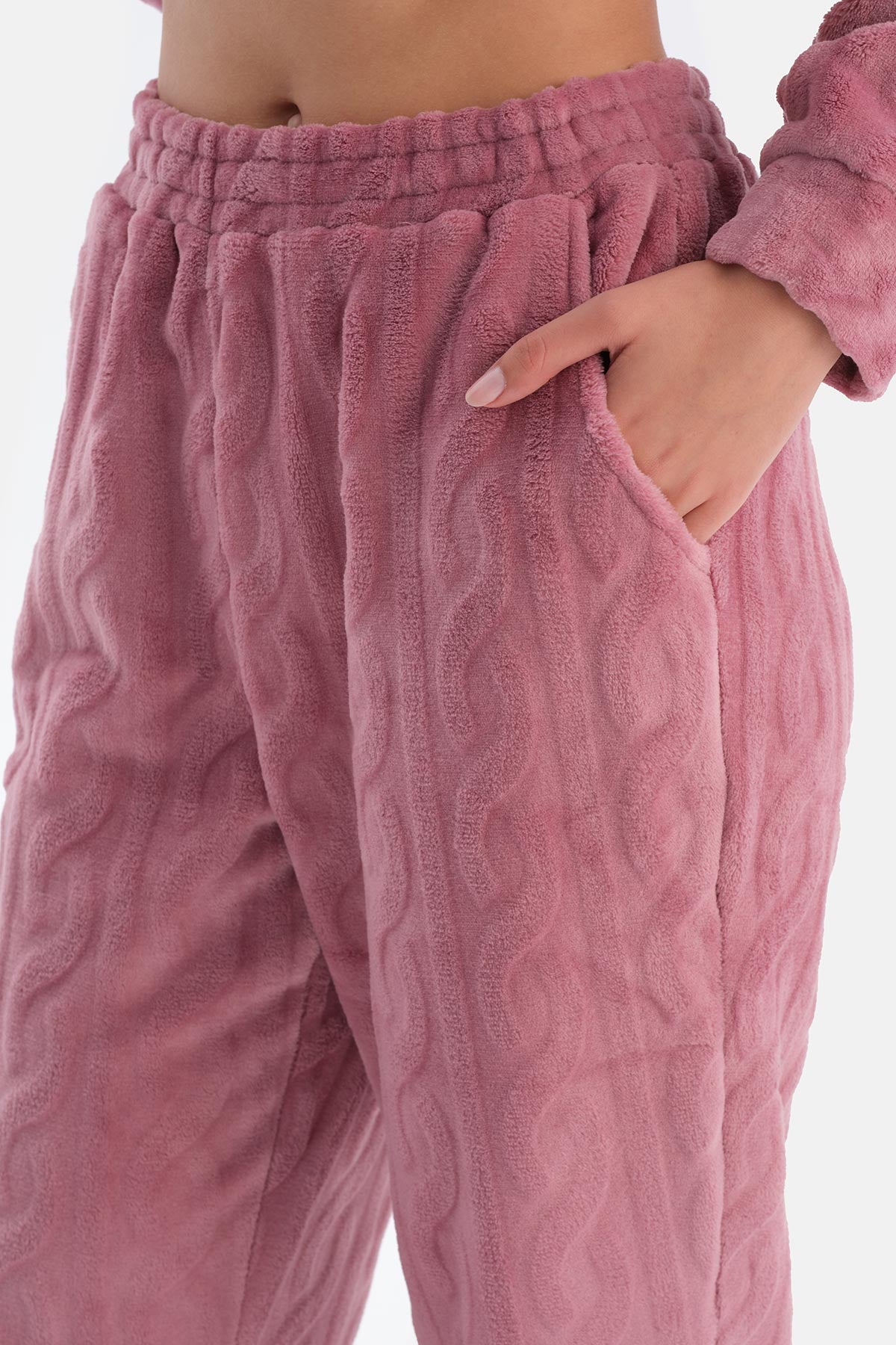 Gül Kurusu Örgü Detaylı Uzun Kollu Pijama Takımı