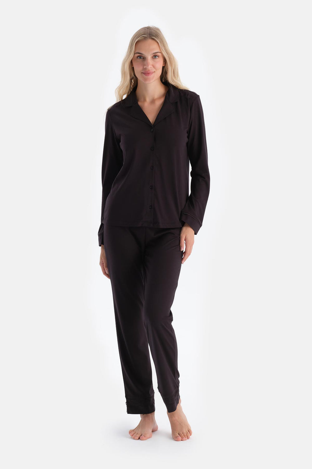 Dark Brown LACE DETAILED SHIRT AND TROUSERS PAJAMA SET