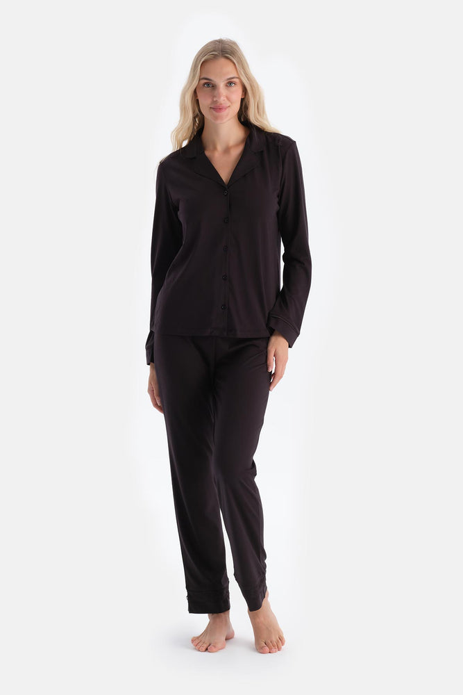 Dark Brown LACE DETAILED SHIRT AND TROUSERS PAJAMA SET