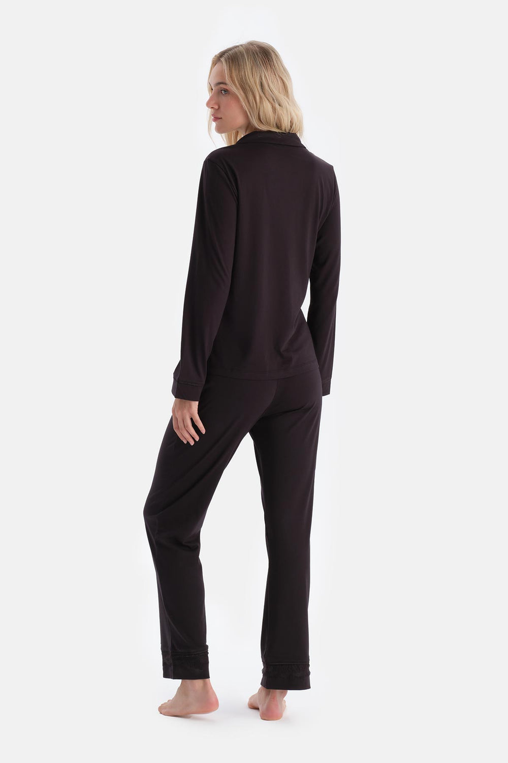 Dark Brown LACE DETAILED SHIRT AND TROUSERS PAJAMA SET