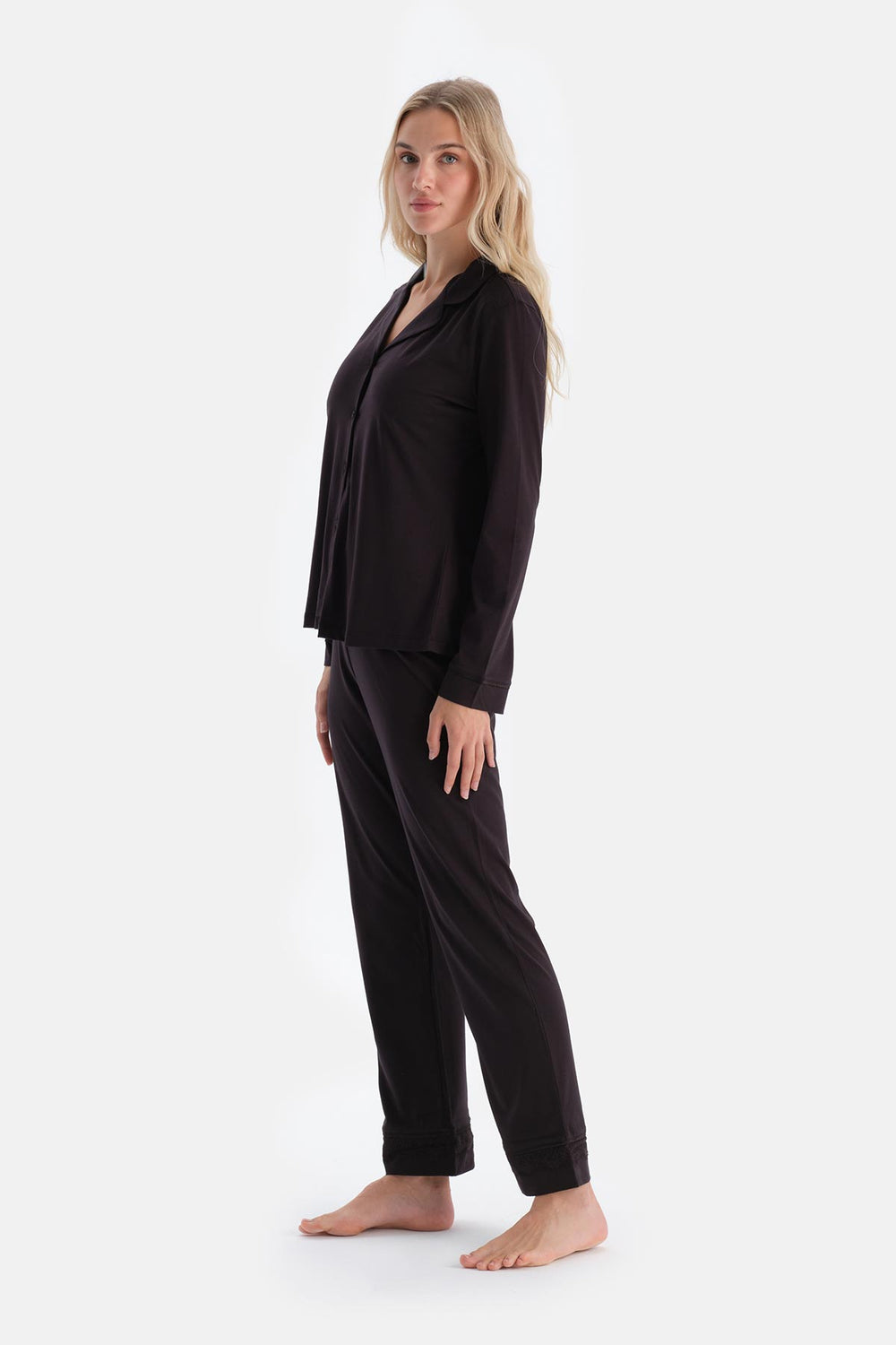 Dark Brown LACE DETAILED SHIRT AND TROUSERS PAJAMA SET