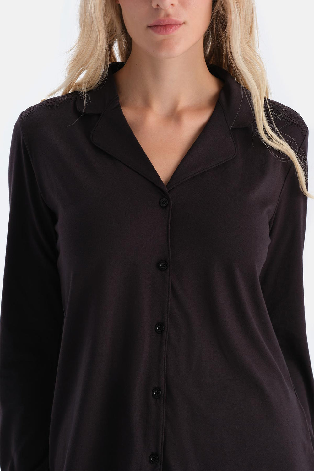 Dark Brown LACE DETAILED SHIRT AND TROUSERS PAJAMA SET