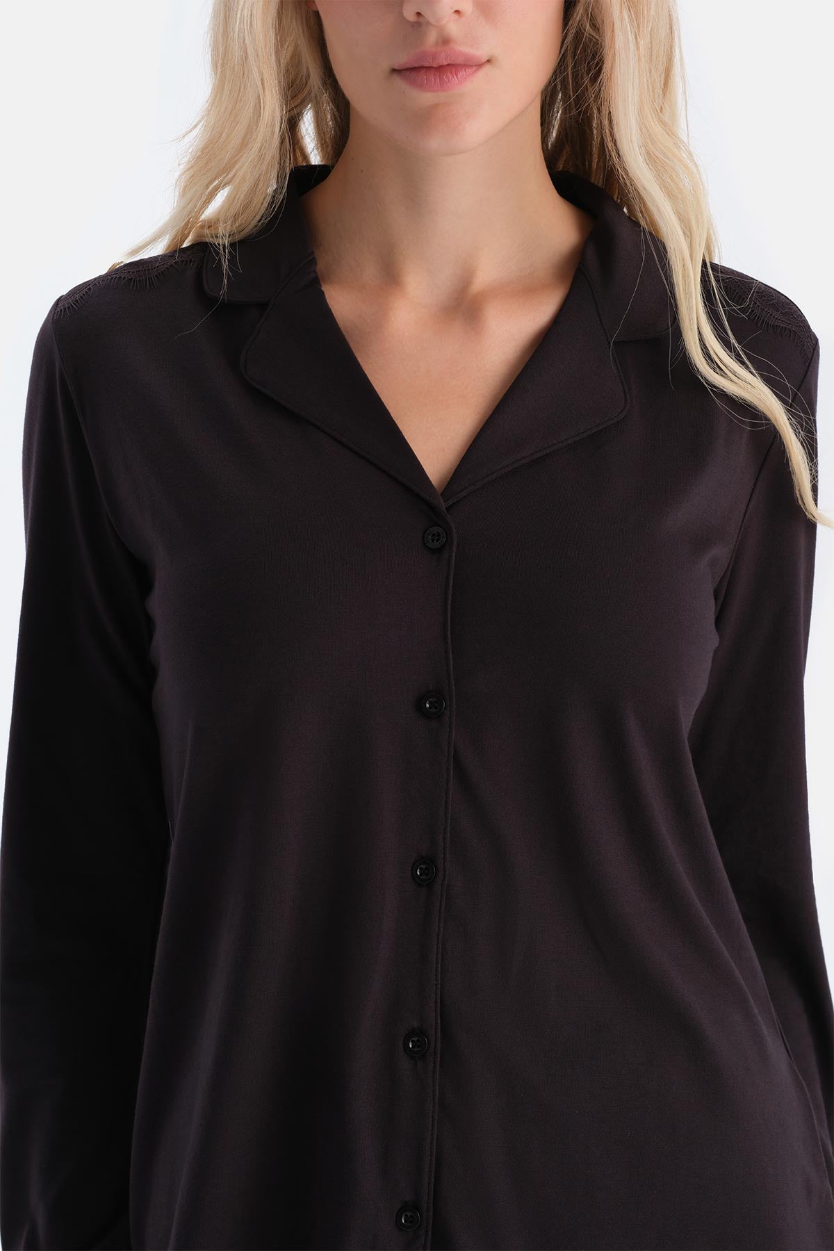 Dark Brown LACE DETAILED SHIRT AND TROUSERS PAJAMA SET