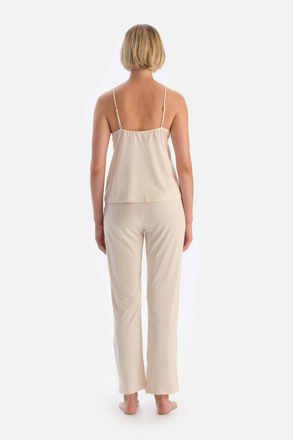 Ecru SATIN GARNISHED TANKTOP TROUSERS PAJAMA SET