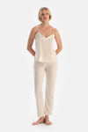 Ecru SATIN GARNISHED TANKTOP TROUSERS PAJAMA SET
