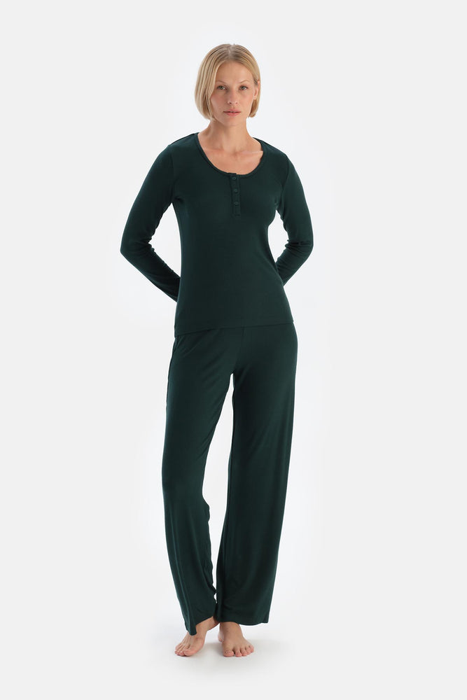 Dark Green LONG SLEEVE VISCOSE CAMSOSET T-SHIRT TROUSERS PAJAMA SET