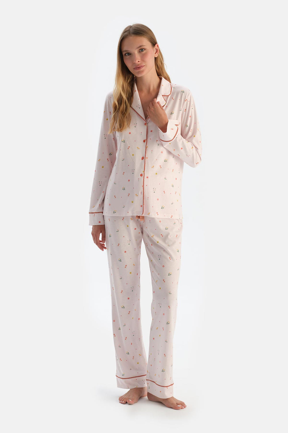 Ecru MICROPRINT SHIRT AND TROUSERS PAJAMA SET