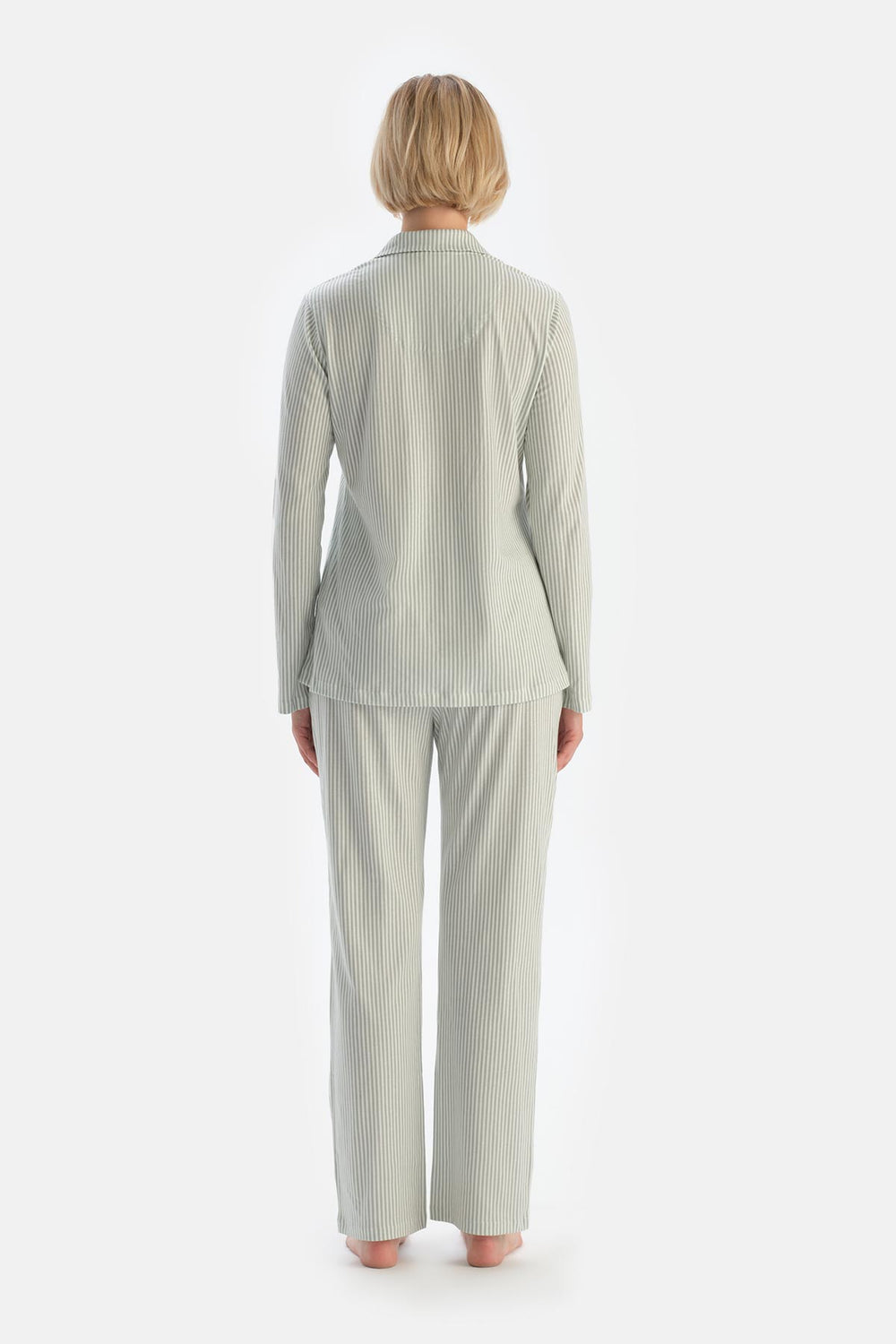 Turkuaz Çizgili Nakış Detaylı Pamuklu Pijama Takımı