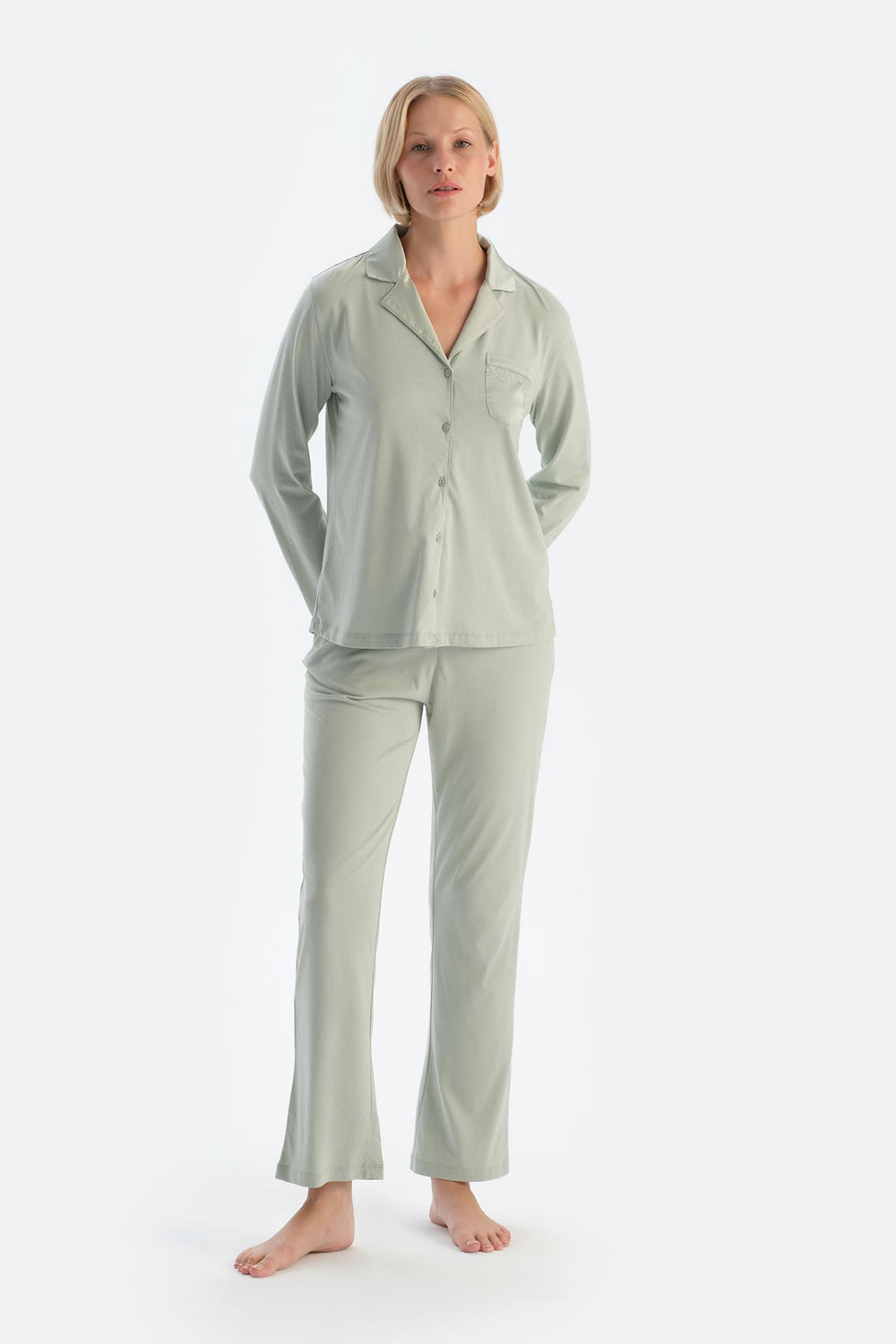 Mint Green SATIN GARNISHED SHIRT AND TROUSERS PAJAMA SET