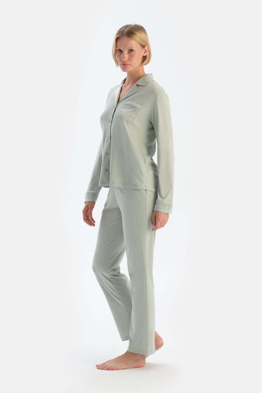 Mint Green SATIN GARNISHED SHIRT AND TROUSERS PAJAMA SET