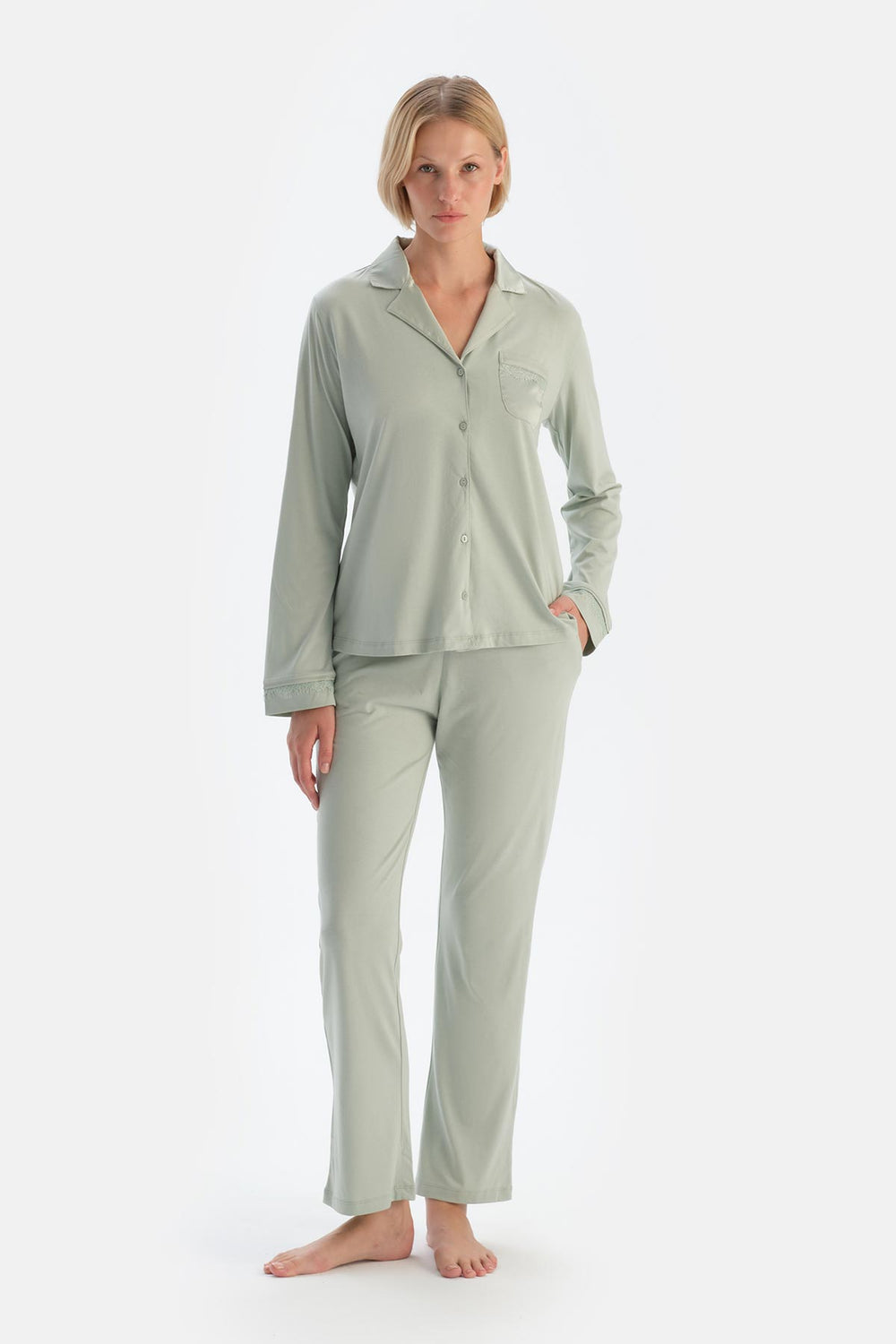 Mint Green SATIN GARNISHED SHIRT AND TROUSERS PAJAMA SET
