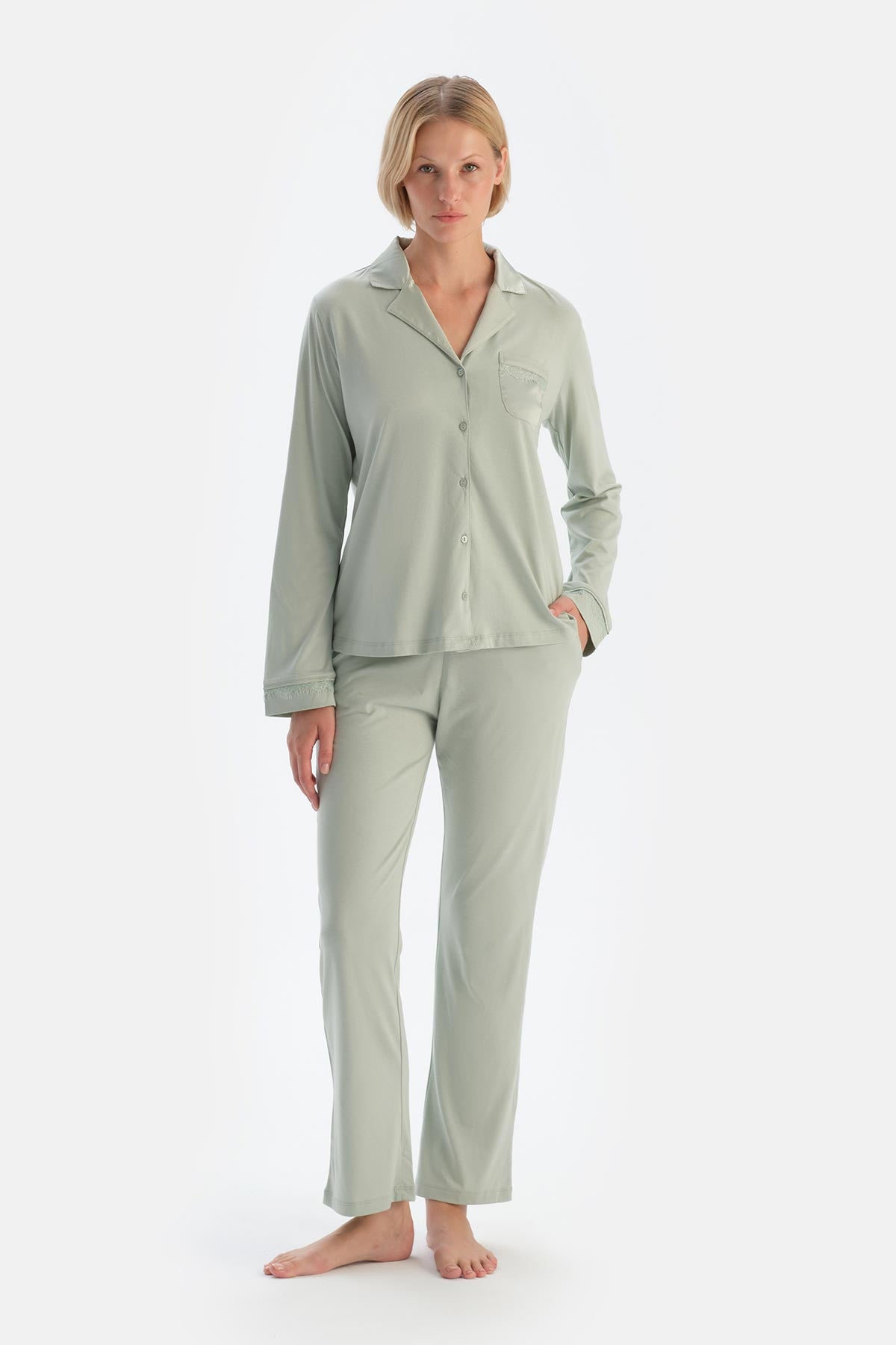 Mint Green SATIN GARNISHED SHIRT AND TROUSERS PAJAMA SET