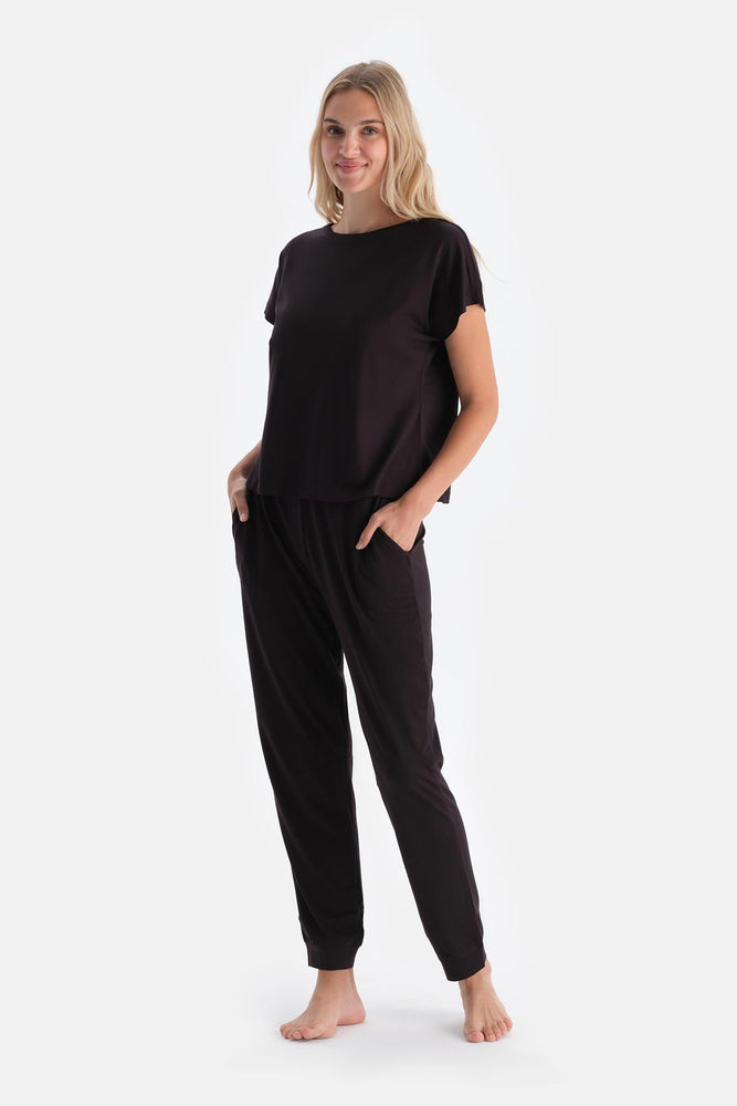 Koyu Kahve Düşük Kollu Penye Modal Pijama Takımı