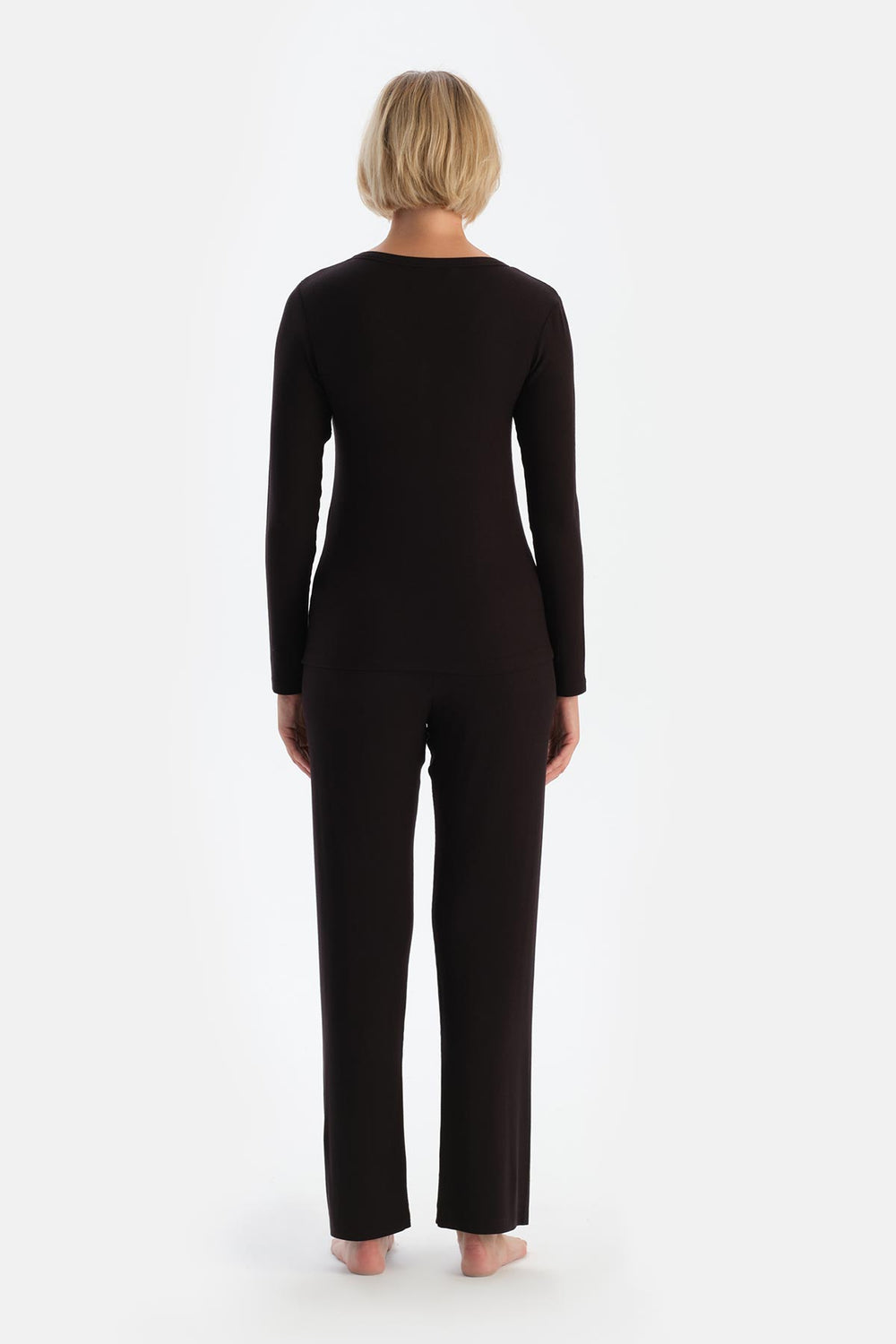 Koyu Kahve Uzun Kollu Kaşkorse Pijama Takımı