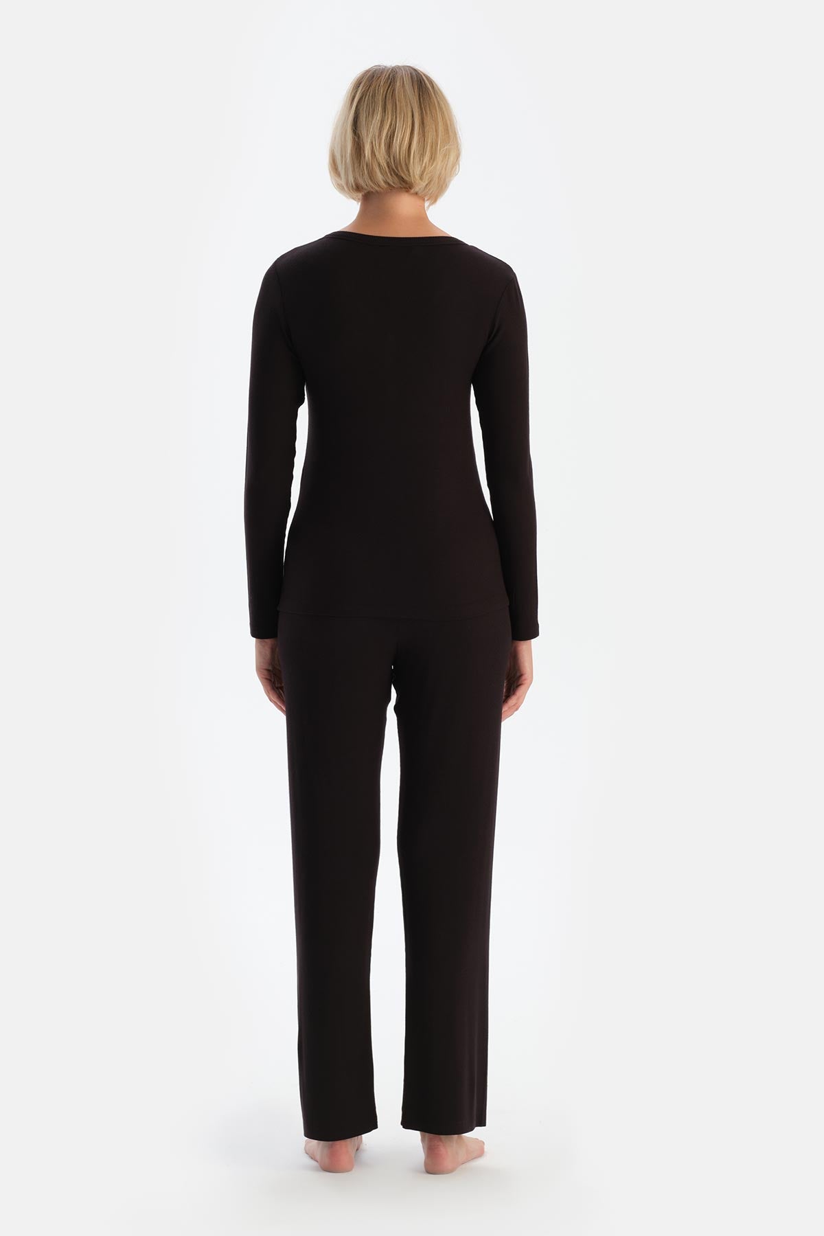 Koyu Kahve Uzun Kollu Kaşkorse Pijama Takımı