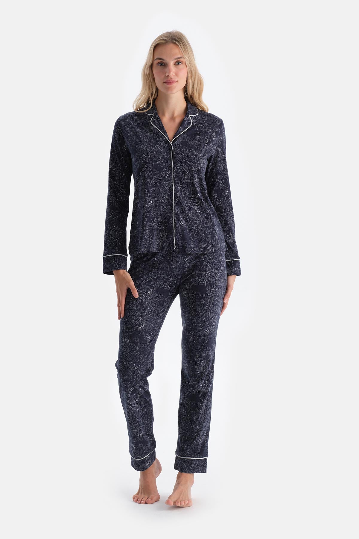Navy PATTERNED COMBED MODAL SHIRT TROUSERS PAJAMA SET