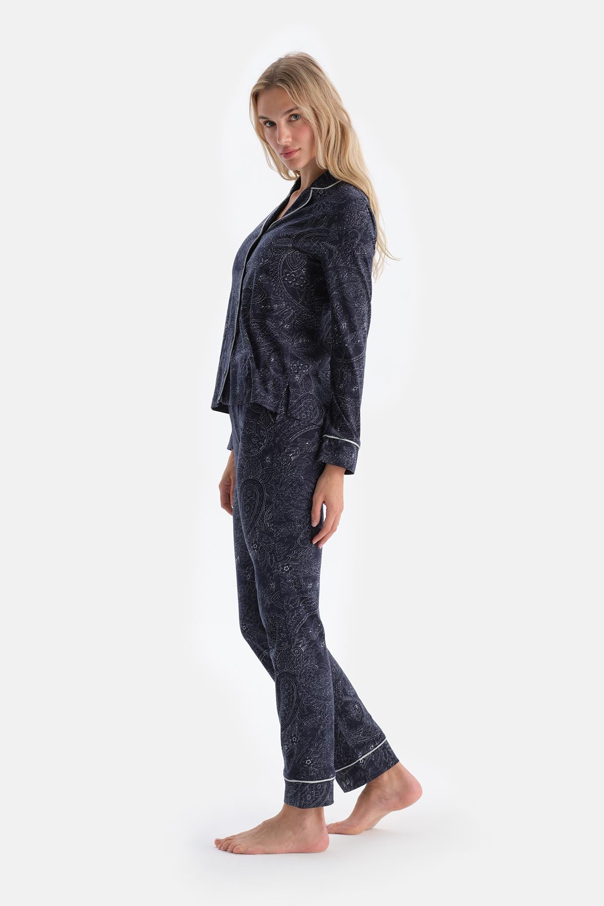 Navy PATTERNED COMBED MODAL SHIRT TROUSERS PAJAMA SET