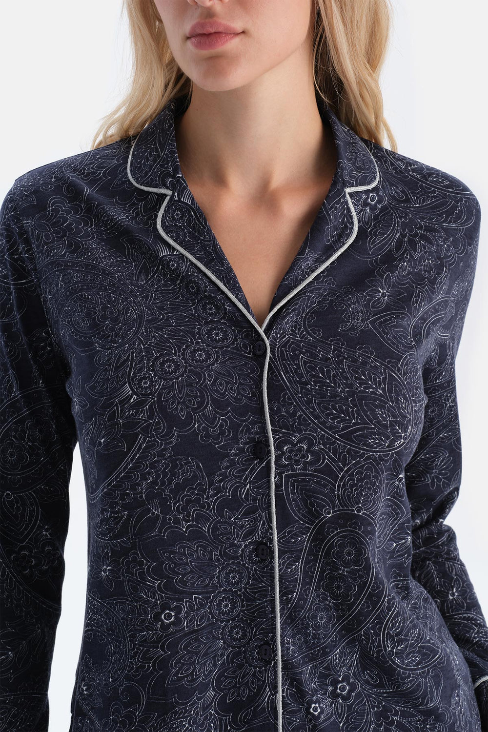 Navy PATTERNED COMBED MODAL SHIRT TROUSERS PAJAMA SET