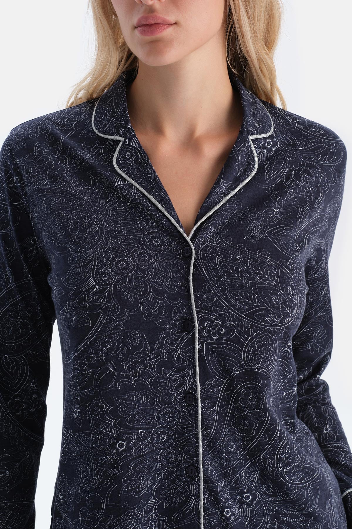 Navy PATTERNED COMBED MODAL SHIRT TROUSERS PAJAMA SET