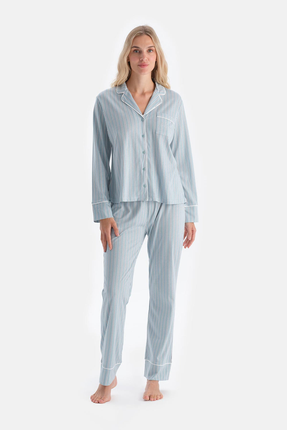 Light Blue STRIPED COMBED MODAL SHIRT PAJAMA SET