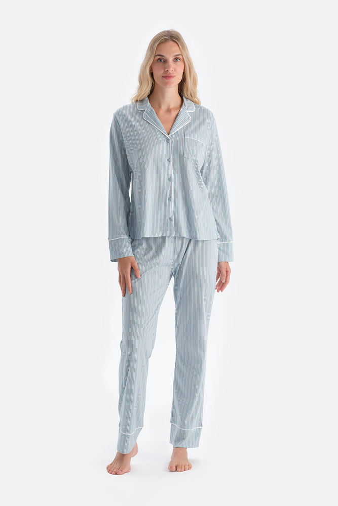 Light Blue STRIPED COMBED MODAL SHIRT PAJAMA SET