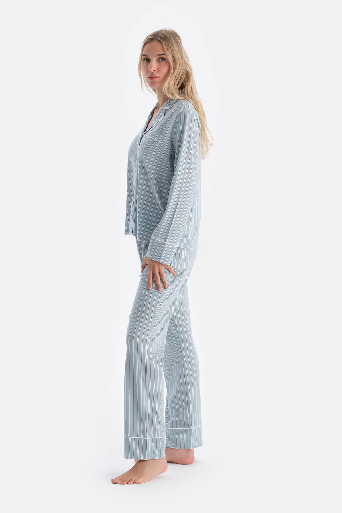 Light Blue STRIPED COMBED MODAL SHIRT PAJAMA SET