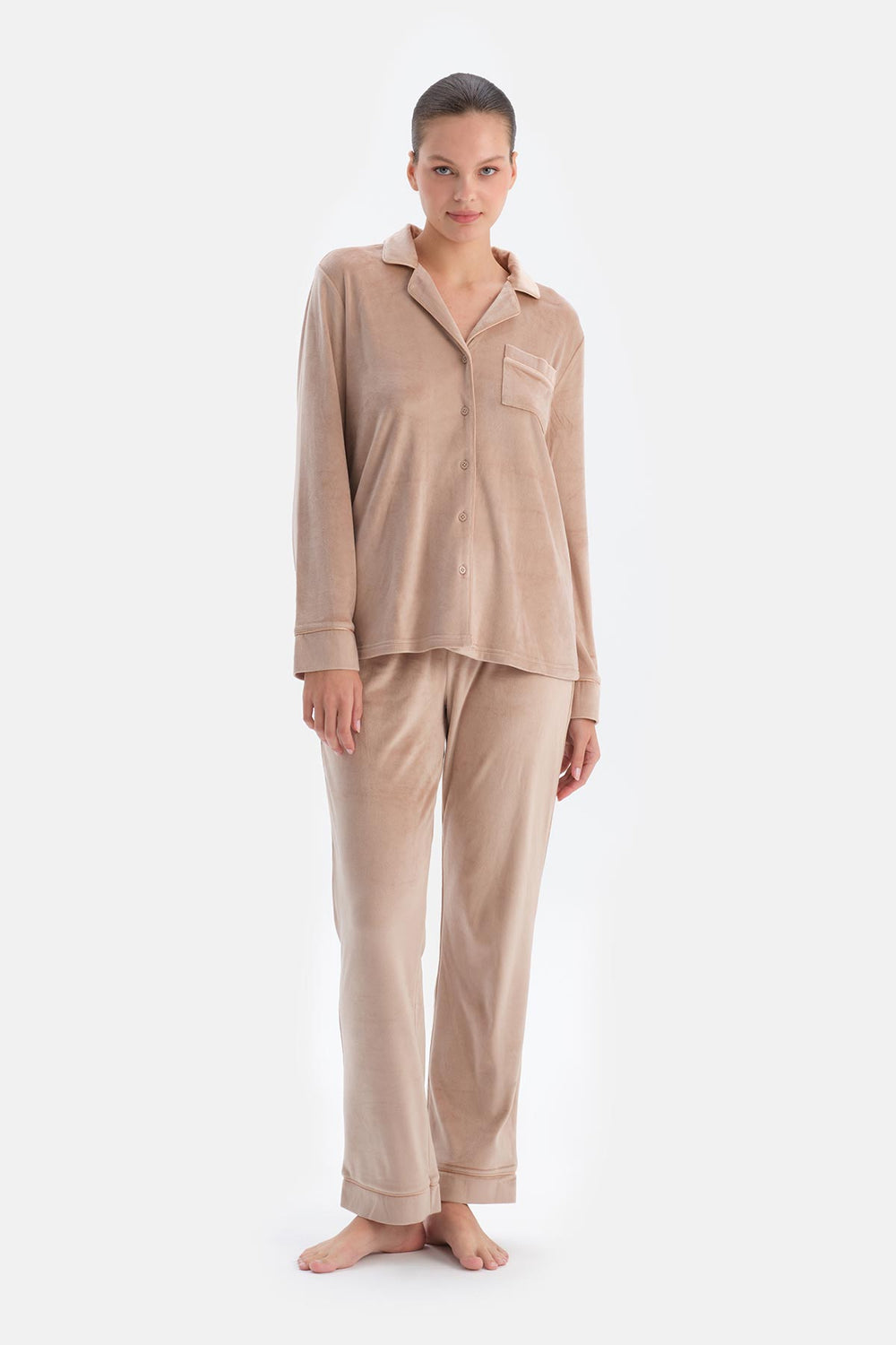 Light Brown VELVET SHIRT TROUSERS PAJAMA SET