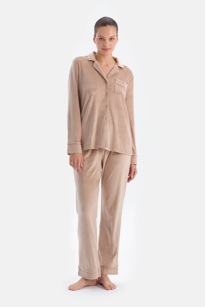 Light Brown VELVET SHIRT TROUSERS PAJAMA SET