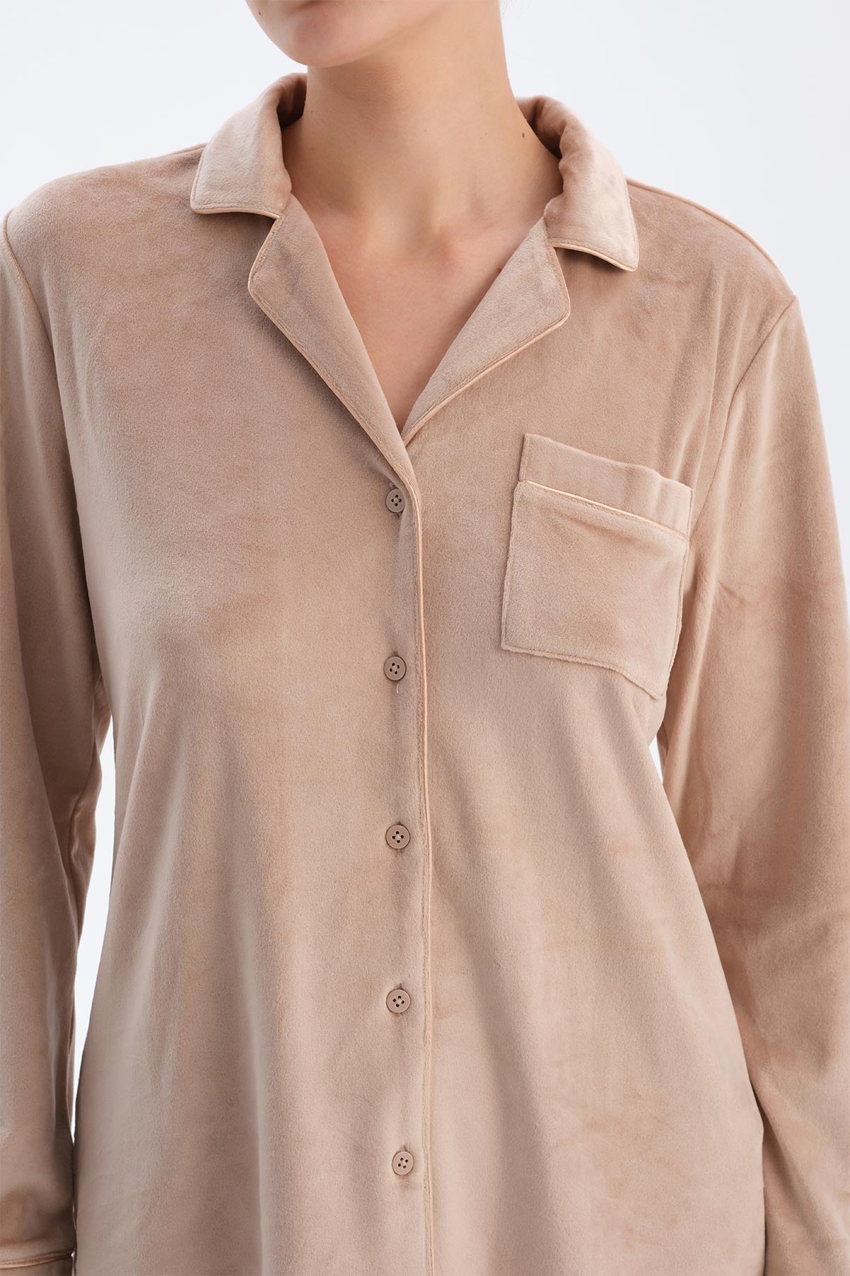 Light Brown VELVET SHIRT TROUSERS PAJAMA SET