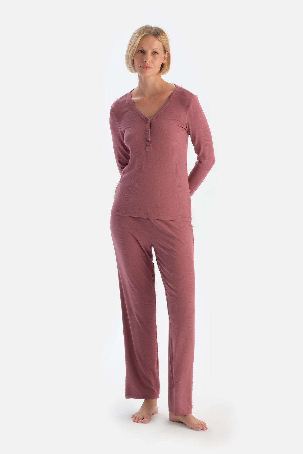 Dusty Rose V-NECK BUTTONED PAJAMA SET