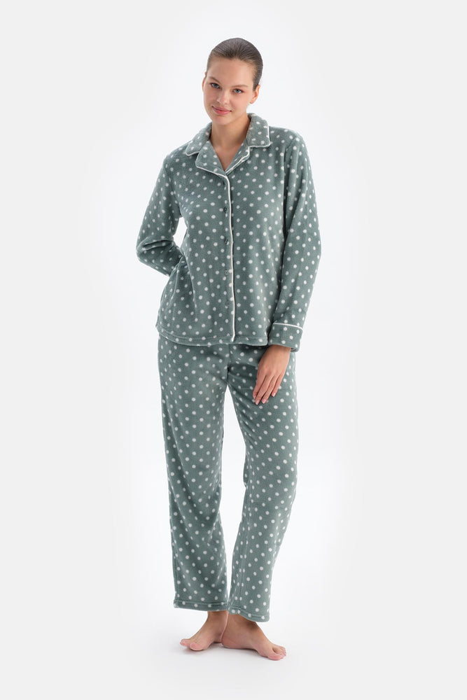 Light Grey POLKA DOT FLEECE SHIRT AND TROUSERS PAJAMA SET