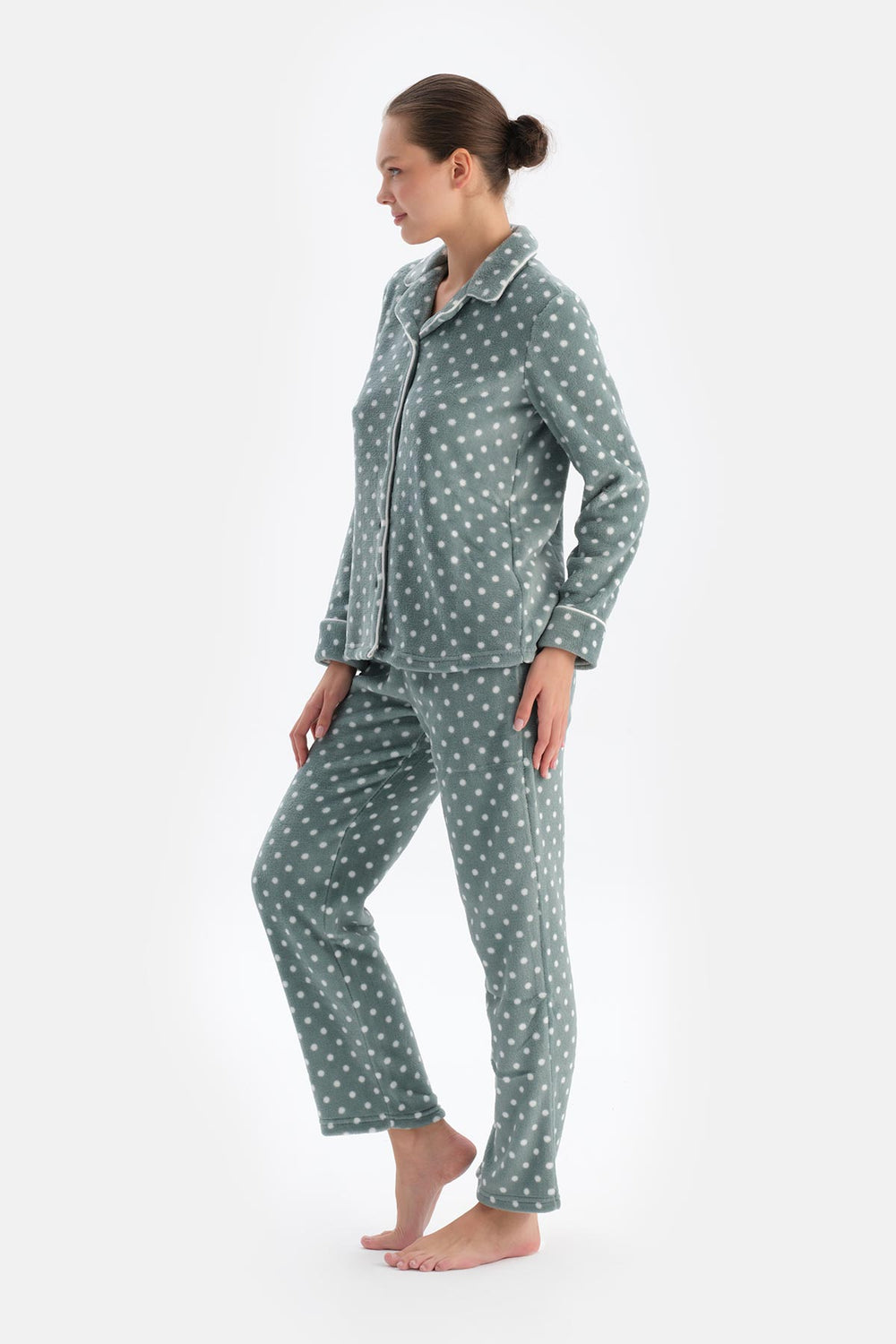 Light Grey POLKA DOT FLEECE SHIRT AND TROUSERS PAJAMA SET