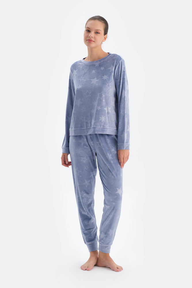 Blue EMBOSS STAR PRINTED T-SHIRT TROUSERS PAJAMA SET