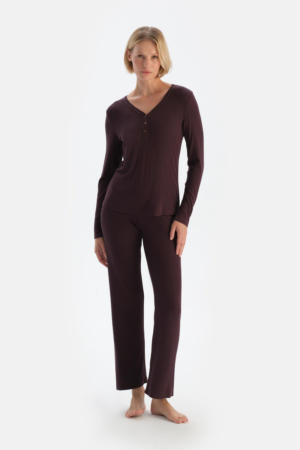Damson V-NECK BUTTONED PAJAMA SET