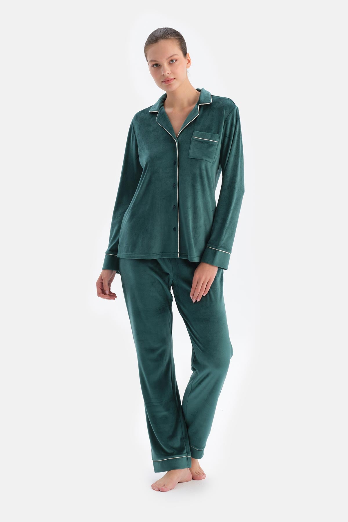 Petrol Green VELVET SHIRT TROUSERS PAJAMA SET