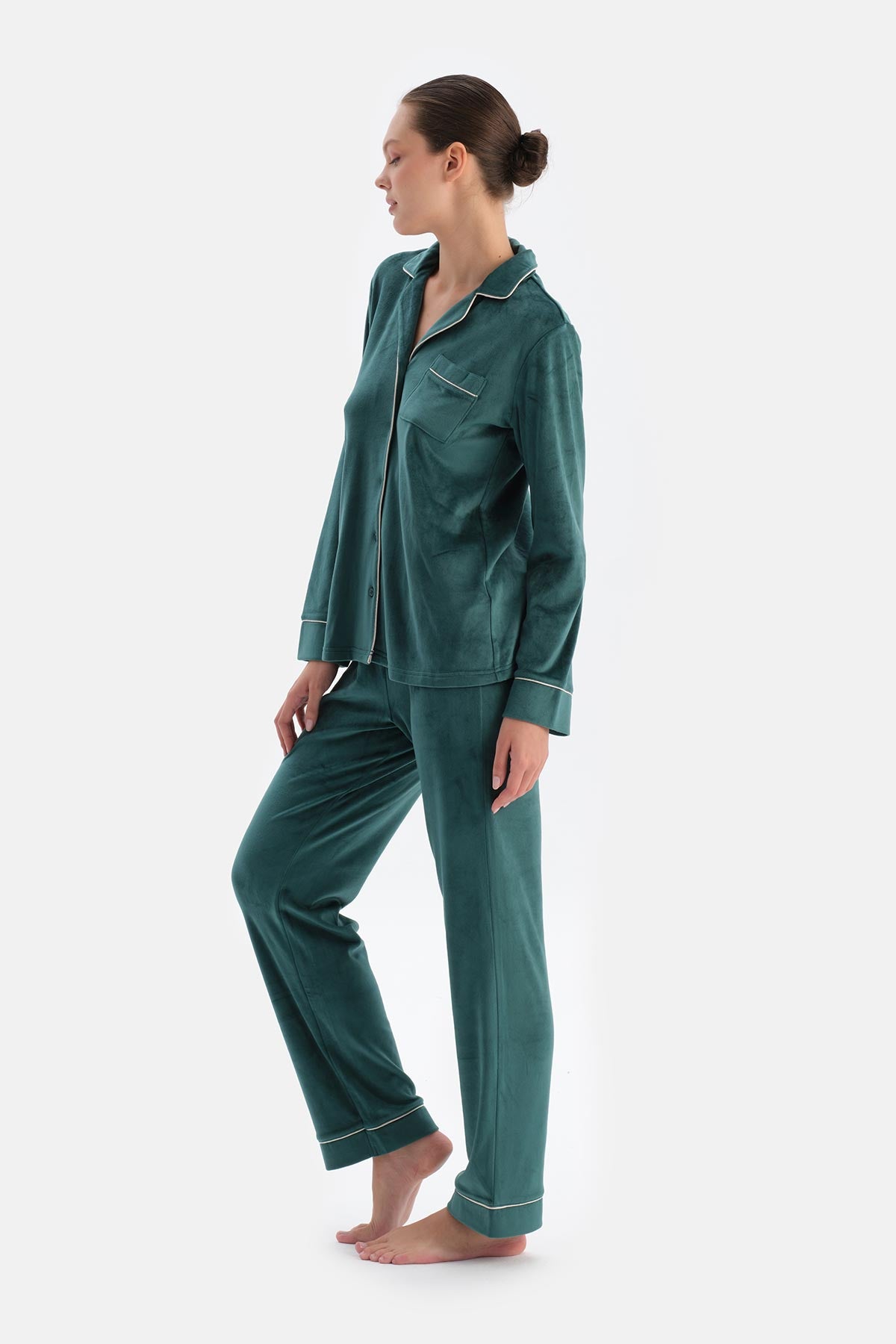 Petrol Green VELVET SHIRT TROUSERS PAJAMA SET