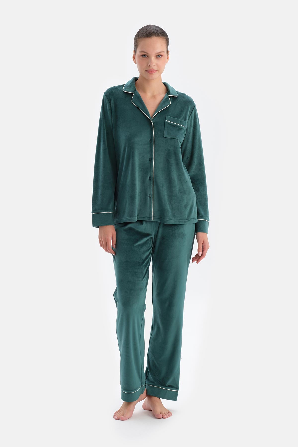 Petrol Green VELVET SHIRT TROUSERS PAJAMA SET