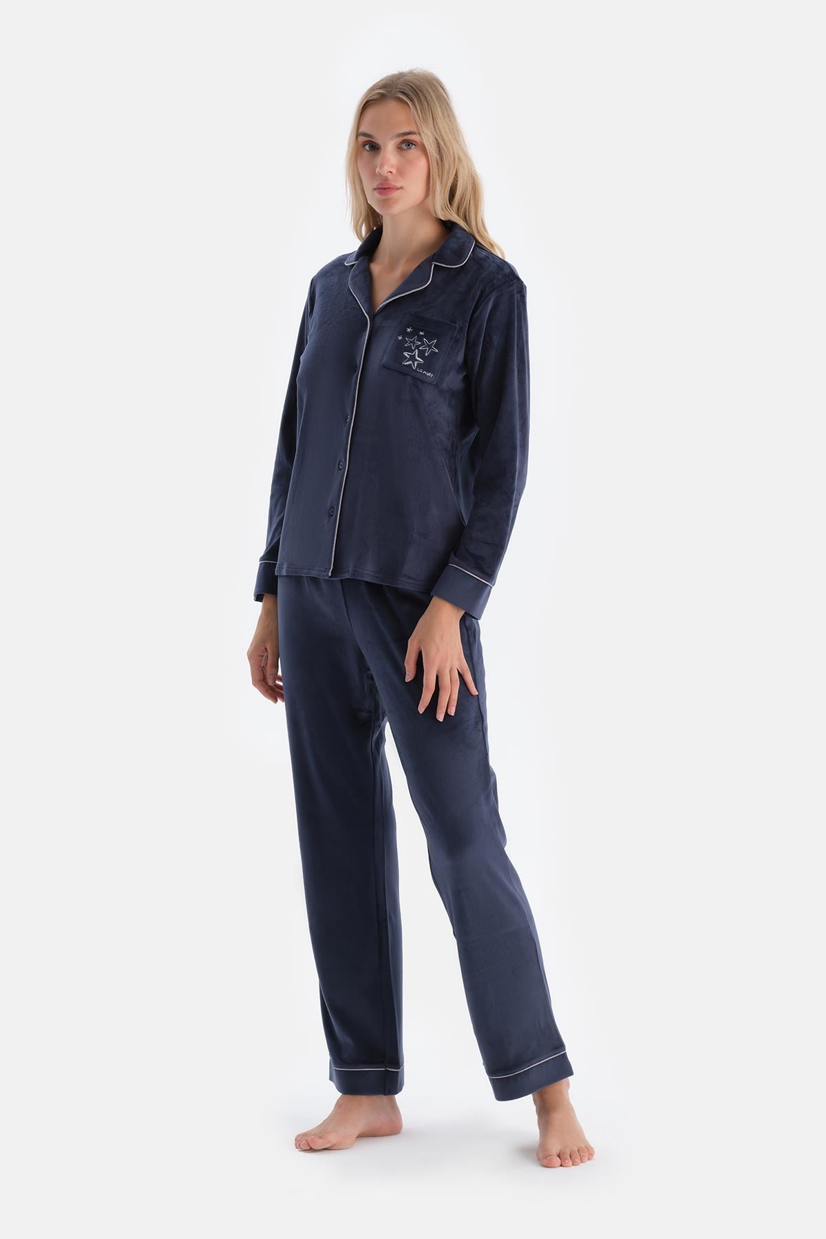 Navy EMBROIDERY DETAILED VELVET SHIRT TROUSERS PAJAMA SET