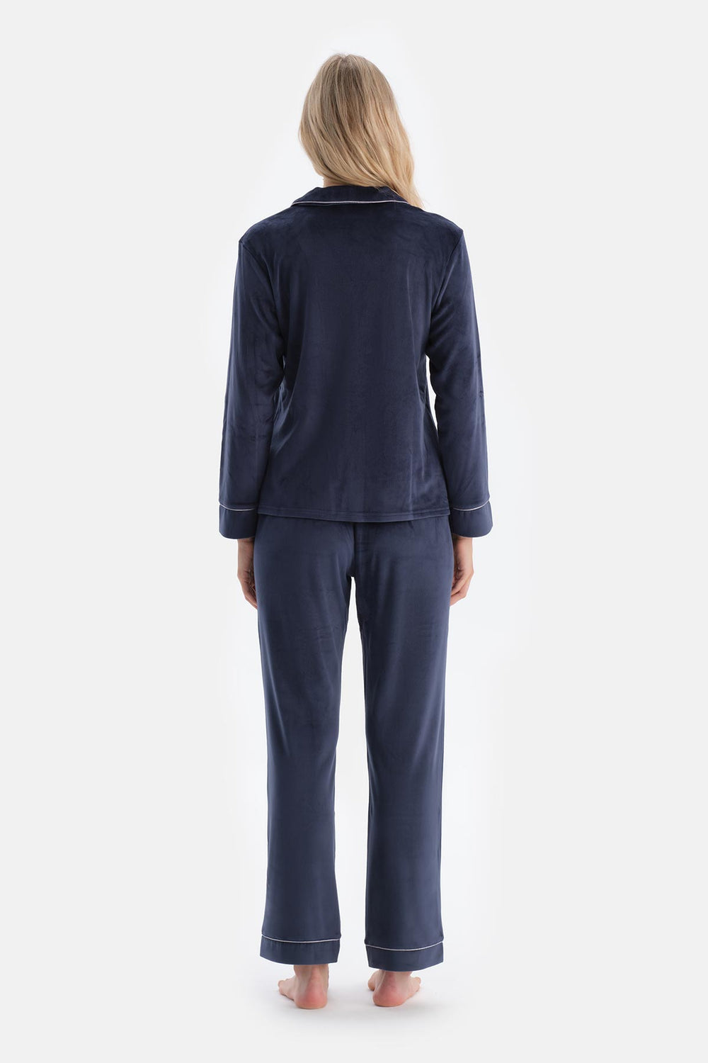 Navy EMBROIDERY DETAILED VELVET SHIRT TROUSERS PAJAMA SET