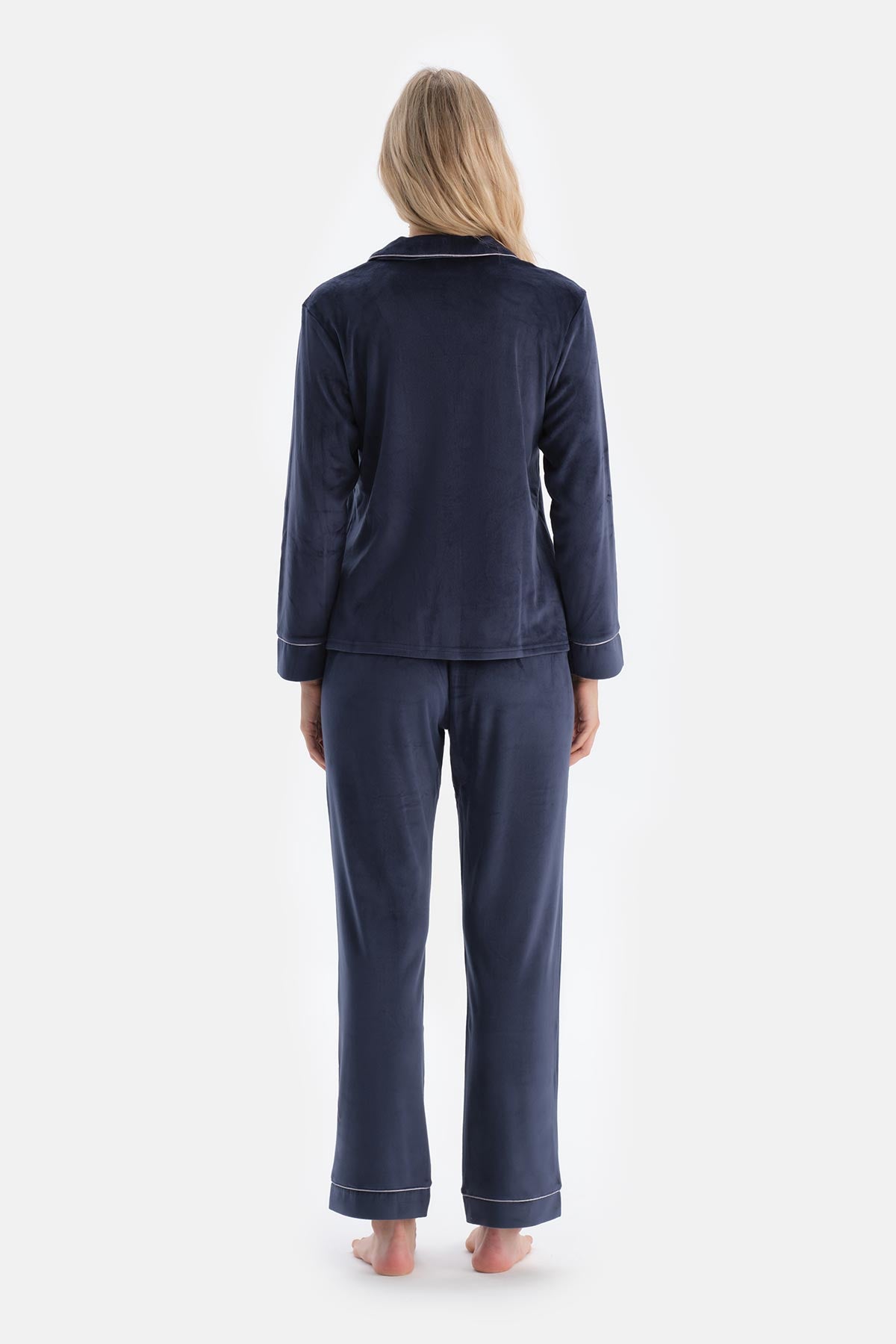 Navy EMBROIDERY DETAILED VELVET SHIRT TROUSERS PAJAMA SET