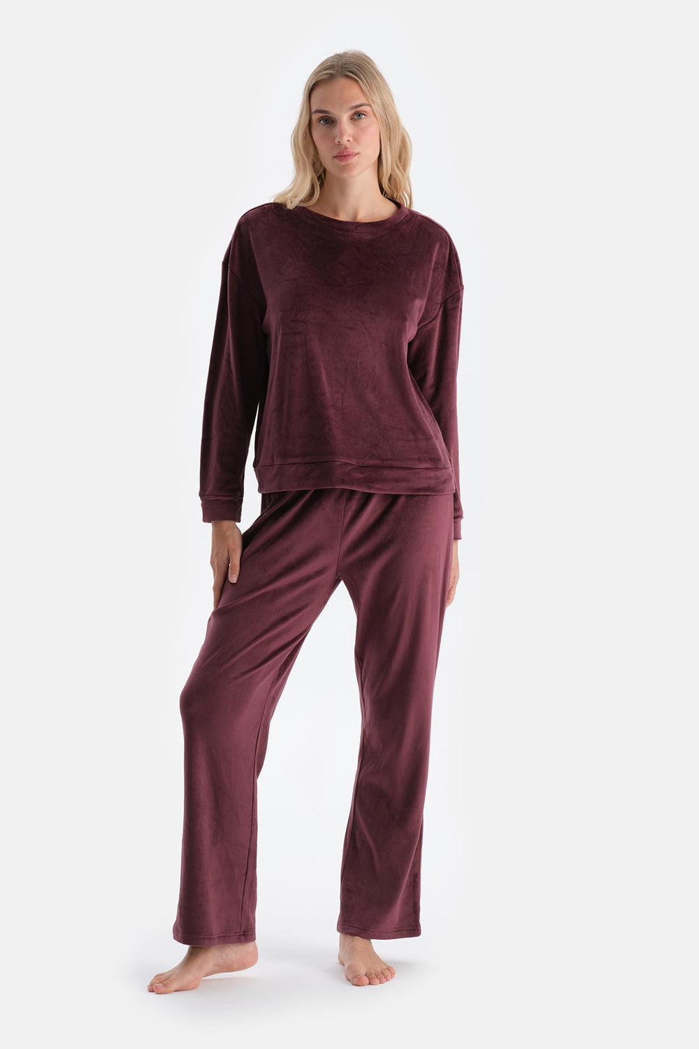 Damson CREW NECK LONG SLEEVE VELVET PAJAMA SET