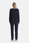Navy SATIN GARNISHED LONG SLEEVE T-SHIRT TROUSERS PAJAMA SET