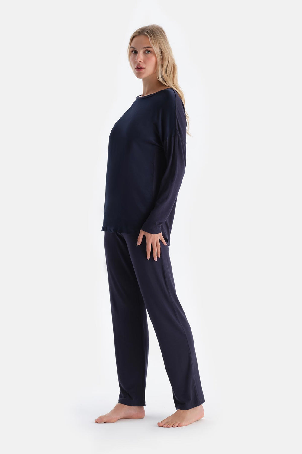 Navy SATIN GARNISHED LONG SLEEVE T-SHIRT TROUSERS PAJAMA SET