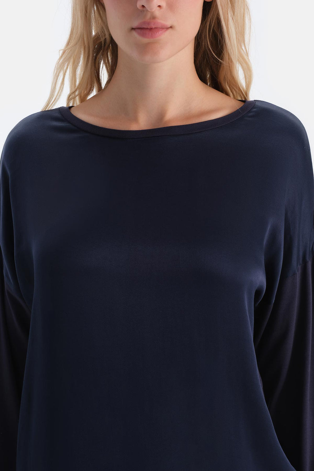 Navy SATIN GARNISHED LONG SLEEVE T-SHIRT TROUSERS PAJAMA SET