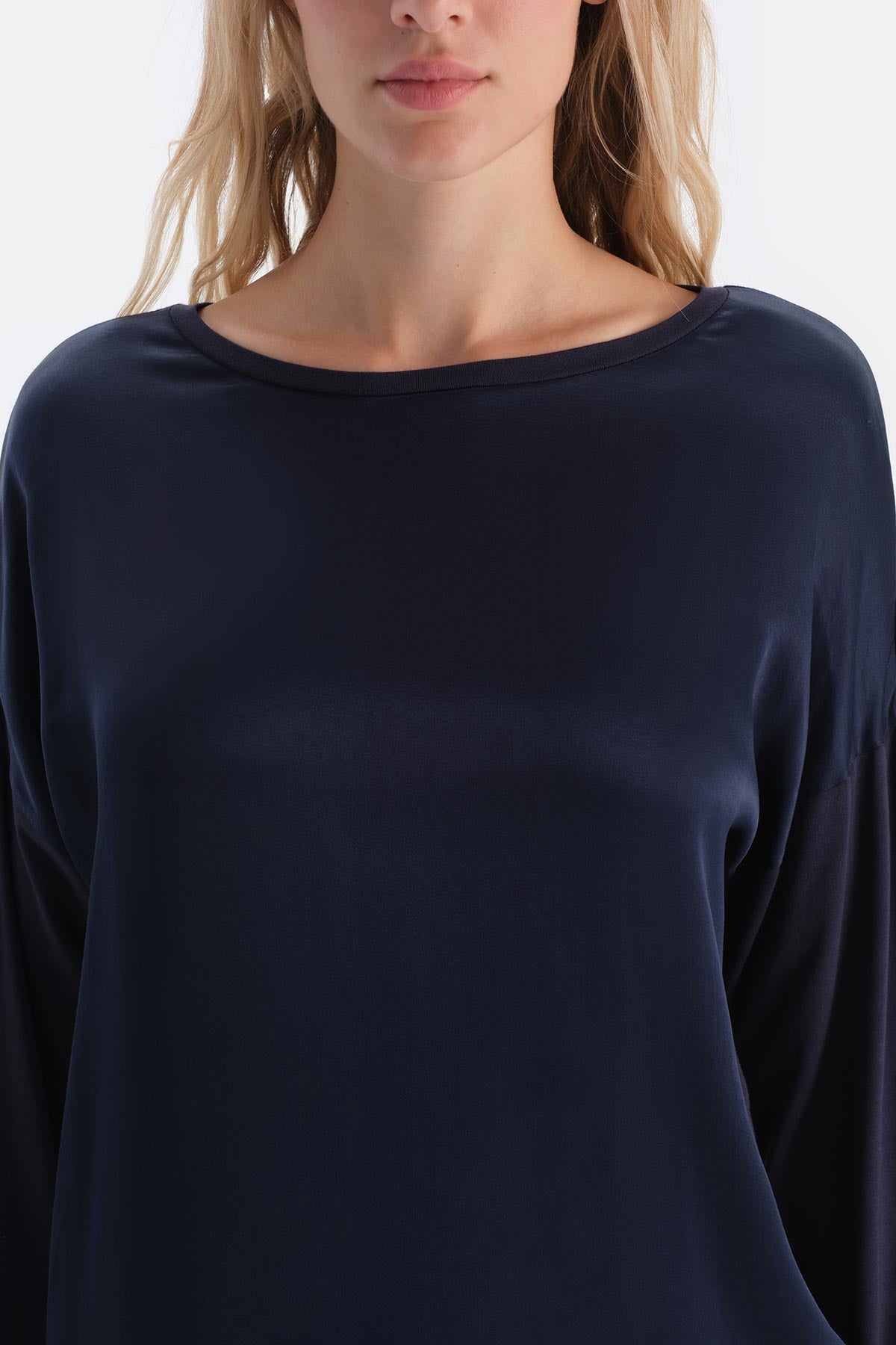 Navy SATIN GARNISHED LONG SLEEVE T-SHIRT TROUSERS PAJAMA SET