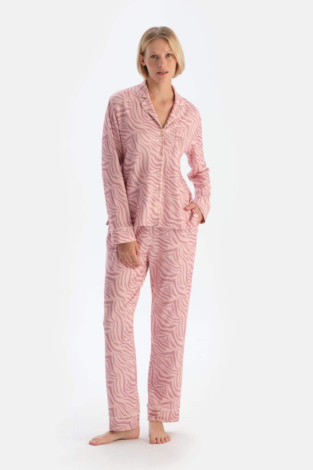 Light Pink ZEBRA PATTERNED SHIRT AND TROUSERS PAJAMA SET