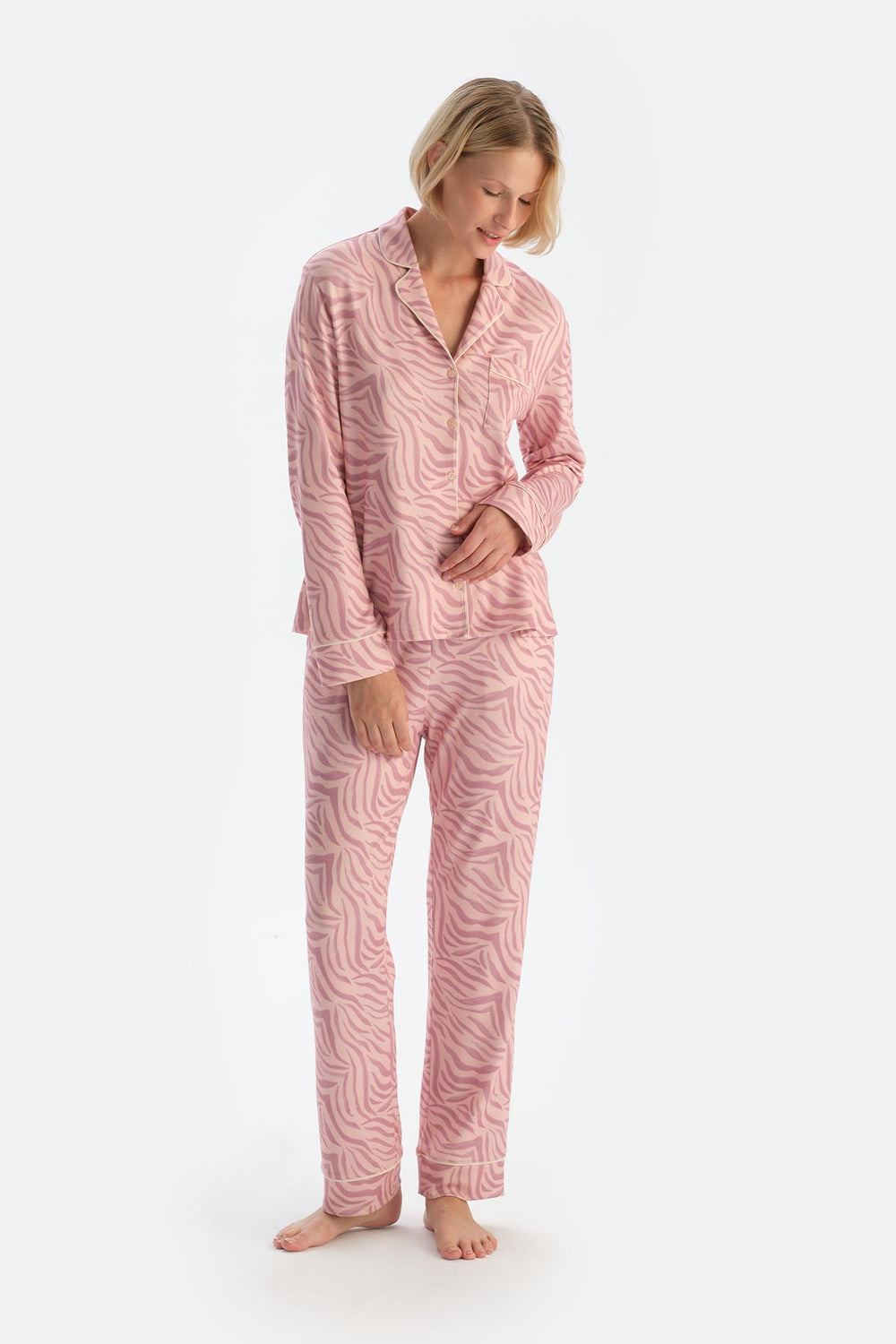 Light Pink ZEBRA PATTERNED SHIRT AND TROUSERS PAJAMA SET