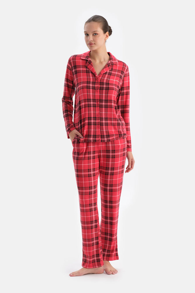Kırmızı Ekoseli Termal Gömlek Pantolon Pijama Takımı
