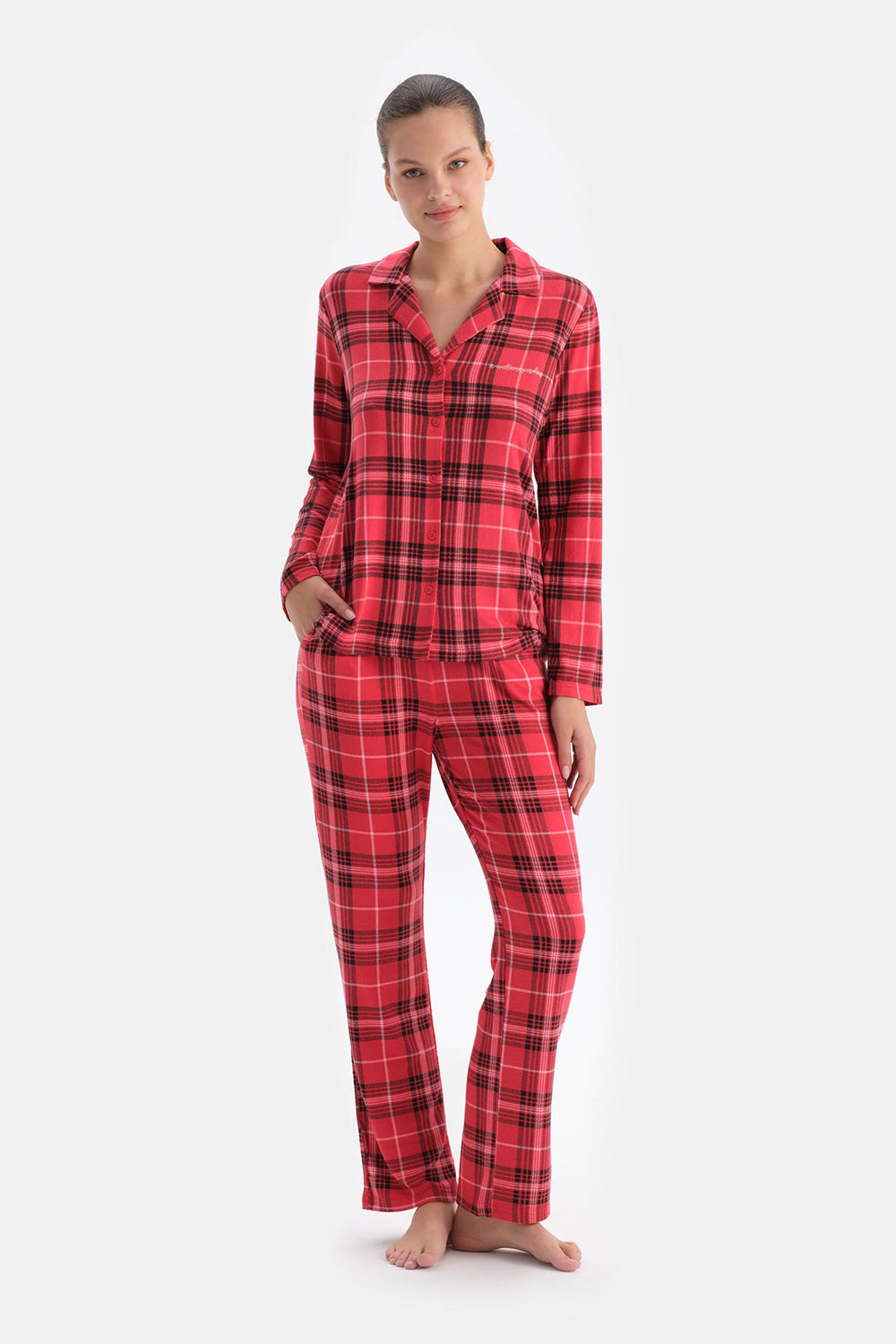 Kırmızı Ekoseli Termal Gömlek Pantolon Pijama Takımı