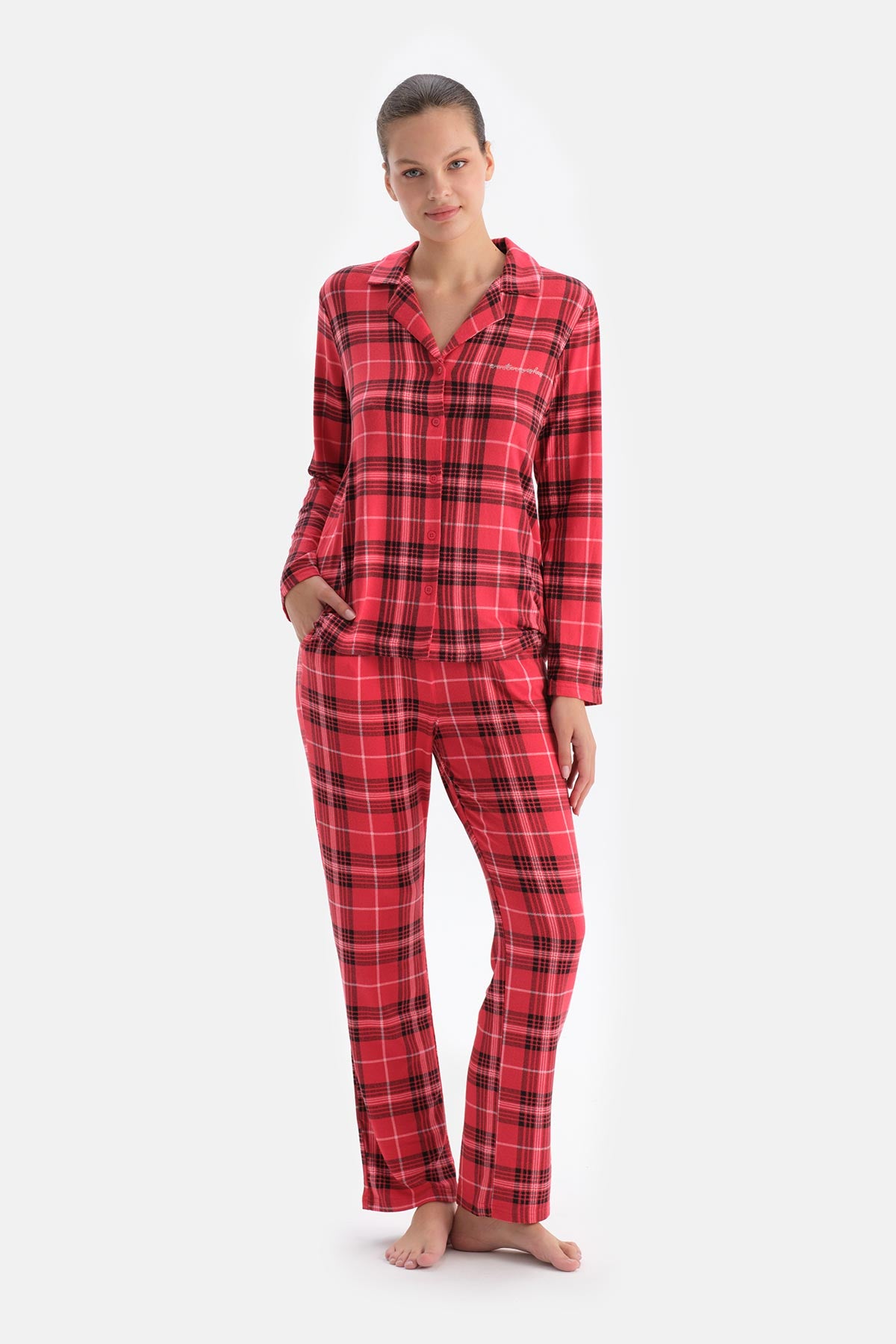 Kırmızı Ekoseli Termal Gömlek Pantolon Pijama Takımı